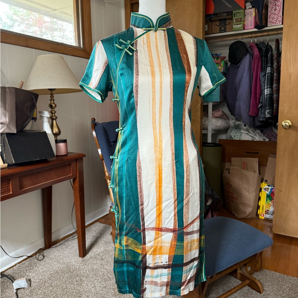 Striped Green and Gold Silk Cheongsam Dress, size M